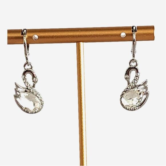 Swan Drop Earrings Rhinestone and Faux Diamond Dainty Pretty - Picture 2 of 4
